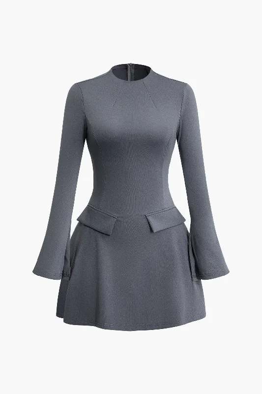 Classic Style Stitching Bell Sleeve Mini Dress