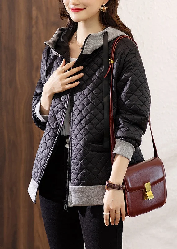 Trendy And Casual Bohemian Black Hooded Zippered Patchwork Cotton Coat Winter