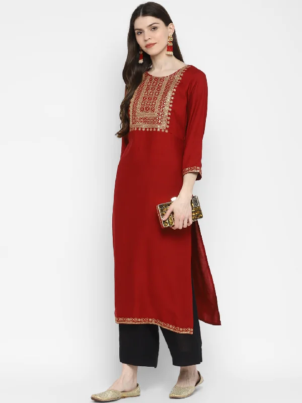 Street Charm Women's Sequence & Solid Straight Rayon Maroon Kurta  (1Pc) - Vbuyz