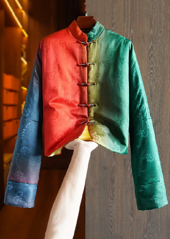 Spiritual Vitality Loose Colorblock Stand Collar Button Patchwork Silk Parka Winter