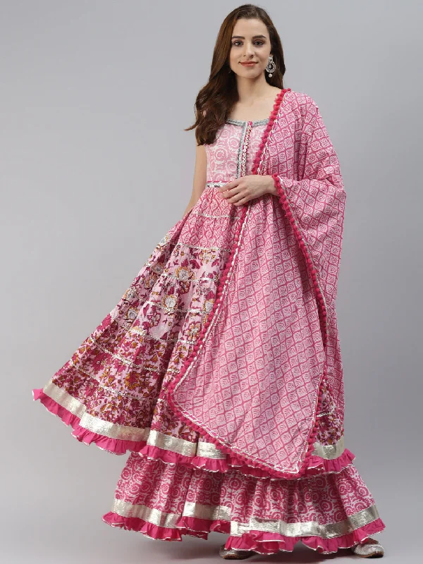 Fashionable In The Times Women's Pink Cotton Sleeves Less Anarkali Sharara Set With Dupatta - Noz2Toz