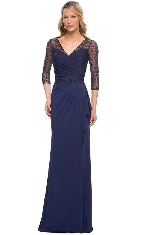 Must-have For Autumn And Winter La Femme - 30028SC Sheer Quarter Length Sleeve V-neck Long Dress