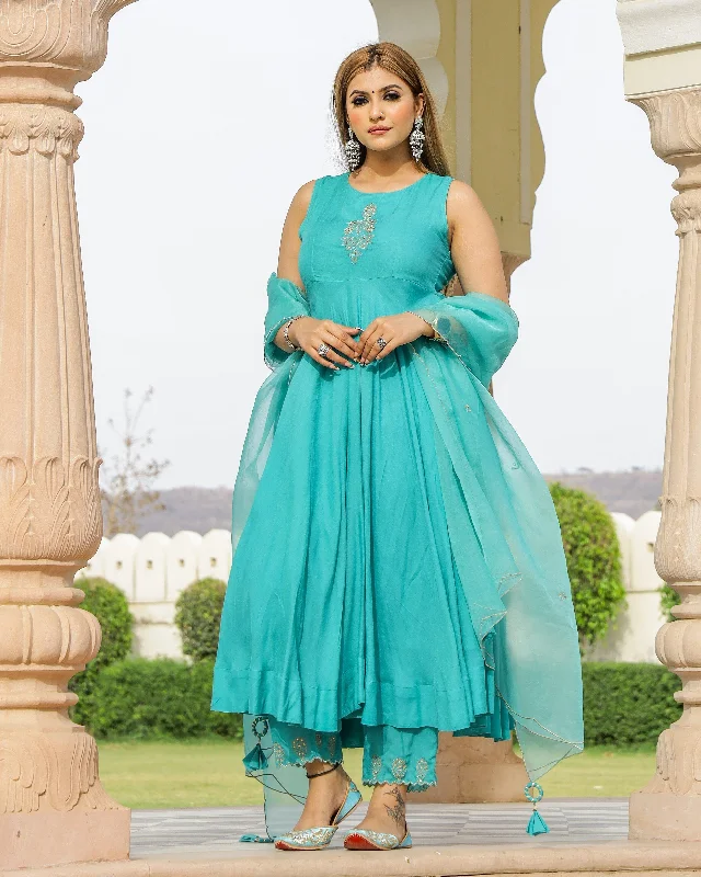 Fashion Design Women's Blue Anarkali suit set with Pants & Dupatta by Baisacrafts- (3pcs set)