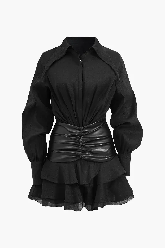 New Season Series Chiffon Faux Leather Patchwork Ruffle Long Sleeve Mini Dress