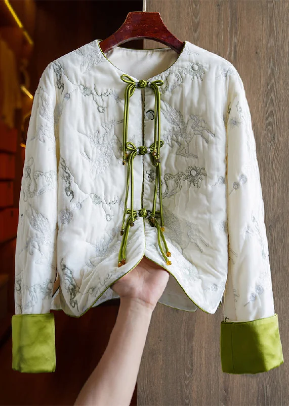 Classic And Versatile Chinese Style White Embroideried Button Silk Velour Parka Long Sleeve