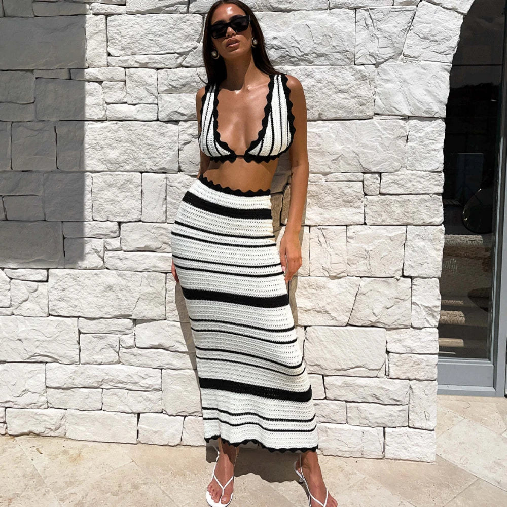 Fashionable Inner Wear Stripe Knitted Backless Top & Long Skirt Sets