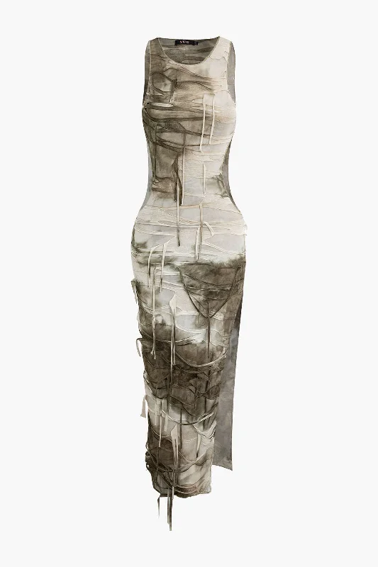 Autumn Selection Tie Dye Distressed Sleeveless Cut Out Slit Maxi Dress