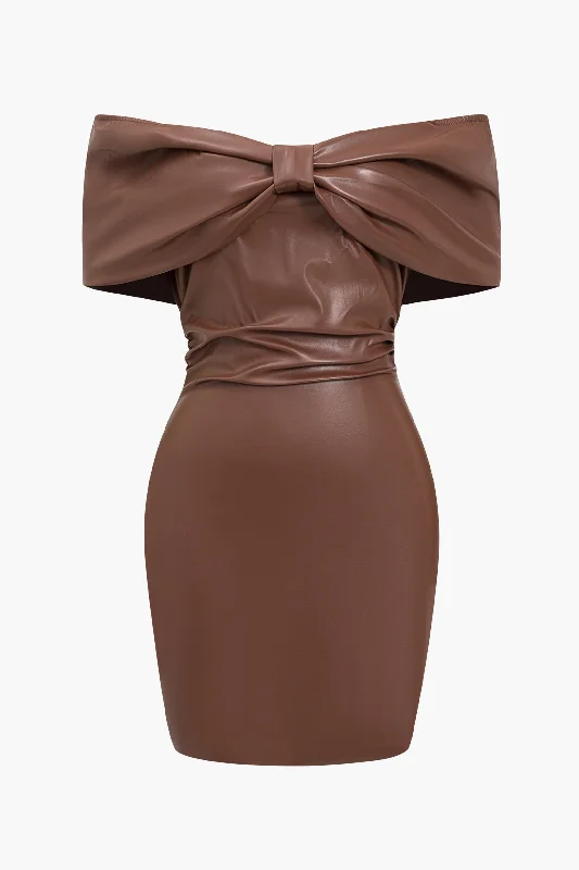 Personalized Series Solid Bow Faux Leather Off Shoulder Mini Dress