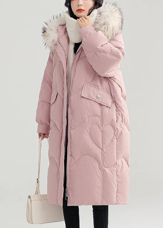 Refreshing Design Pink Button Patchwork Duck Down Puffer Coat Zip Up Long Sleeve