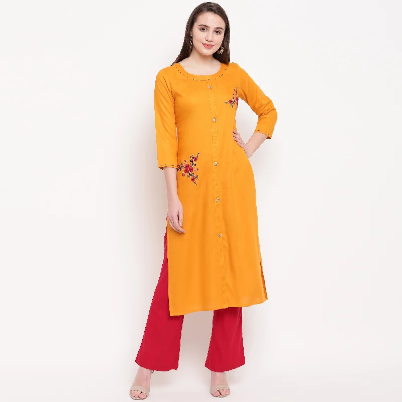 Exquisite Design Women's Embroidered/Solid Straight Rayon Yellow Kurta (1Pc) - Vbuyz