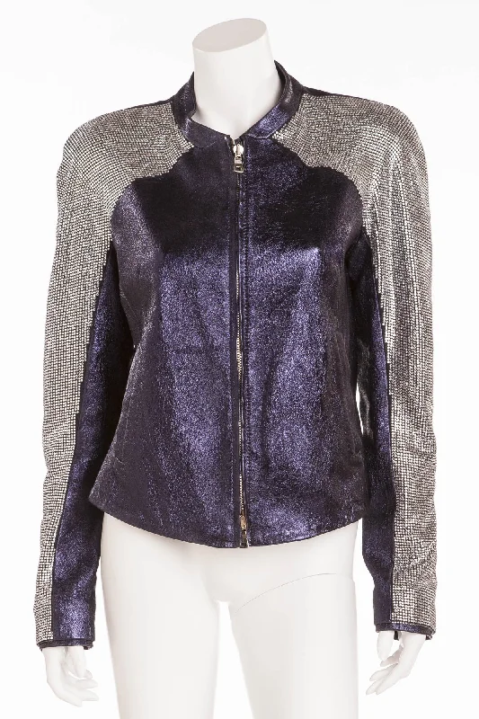 Trendy And Casual Balmain - Unique New with Tags Navy Blue Pearlescent Leather Jacket w/Rhinestone Arms - FR 40