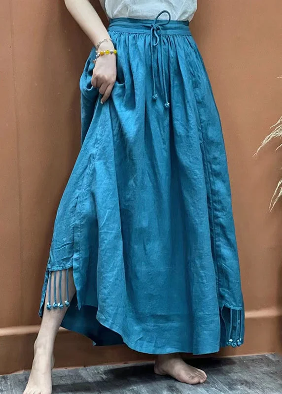 Fresh And Fashionable Women Blue elastic waist drawstring Tassel Pockets Linen Skirts Spring