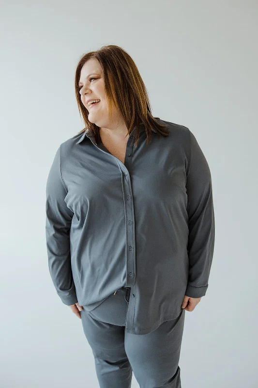 Fashionable Inner Wear STRETCHY WRINKLE FREE BUTTON-UP BLOUSE IN HAZY STEEL BLUE