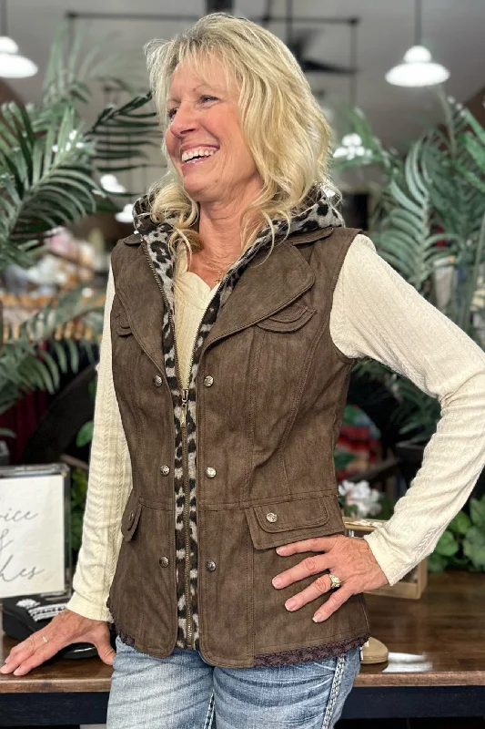 Exclusive Customization Faux Leather Brown Vest with Wool Inset Hood by Gallop 'n Glitz