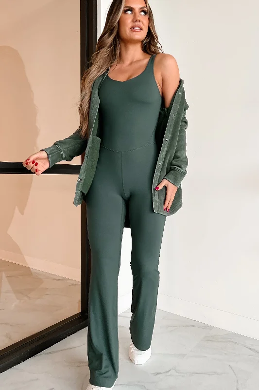 Fashionable In The Times Total Motivation Flared Jumpsuit (Smoked Spruce)