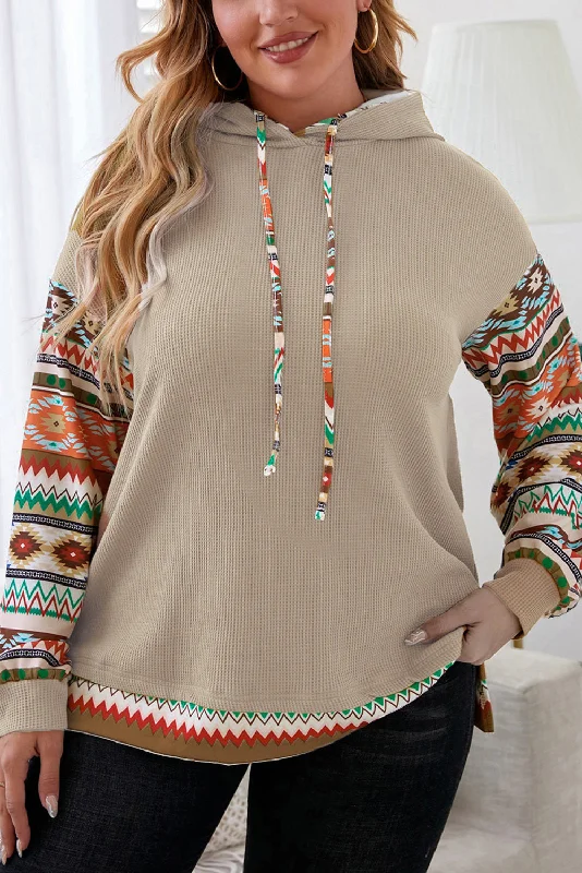 Perfect Tailoring Camel Aztec Patchwork Sleeve Plus Size Hoodie