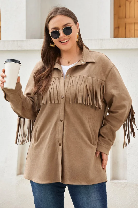 High Street Fashion Khaki Fringe Plus Size Suede jacket