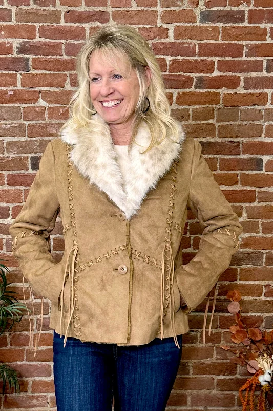 Age-reducing Style Faux Suede Light Brown Jacket with Fur Collar