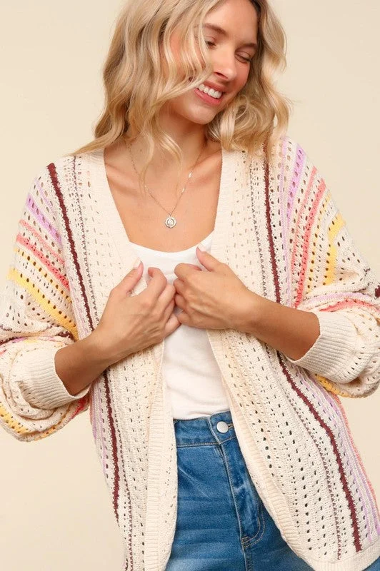 High-quality Styles Haptics Full Size Striped Crochet Open Front Cardigan