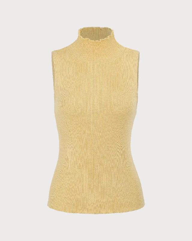 Fashion Innovation Women's Yellow Mock Neck Ribbed Knit Tank