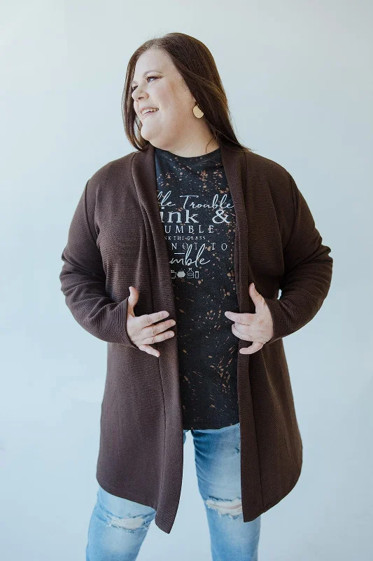 Simple Matching OPEN FRONT HORIZONTAL TEXTURED CARDIGAN IN CHATEAU BROWN