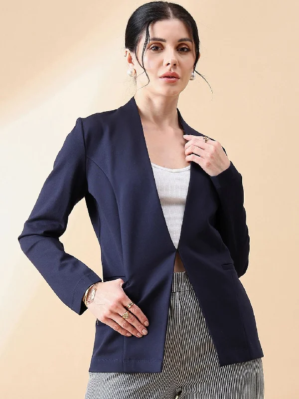 European And American Style Lapel less Stretch Blazer- Navy