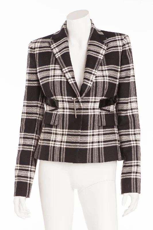 Youthful Street Fashion Versace - Patent Leather Trim Plaid Wool Twill Blazer  - IT 42