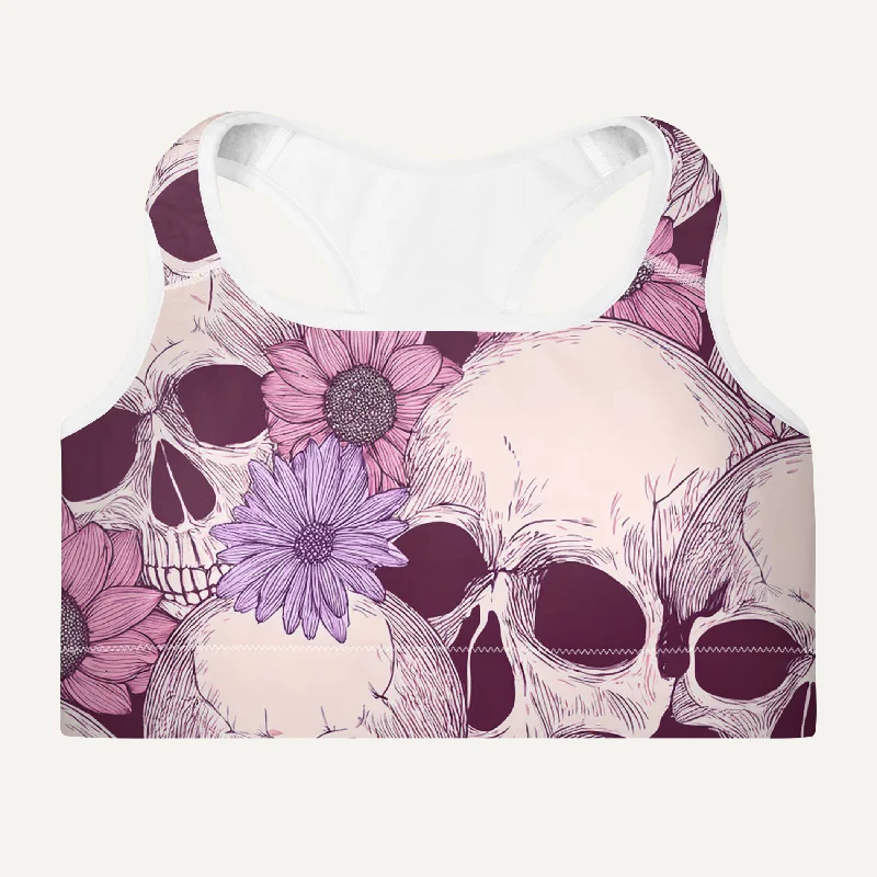 Feminine Charm Pastel Floral Skulls Padded Sports Bra