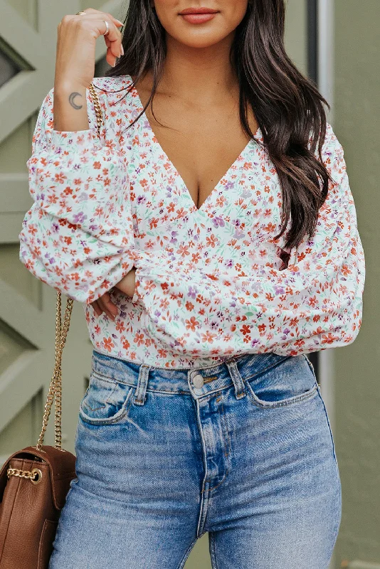 Luxury And Elegant Ditsy Floral Long Sleeve Plunge Bodysuit