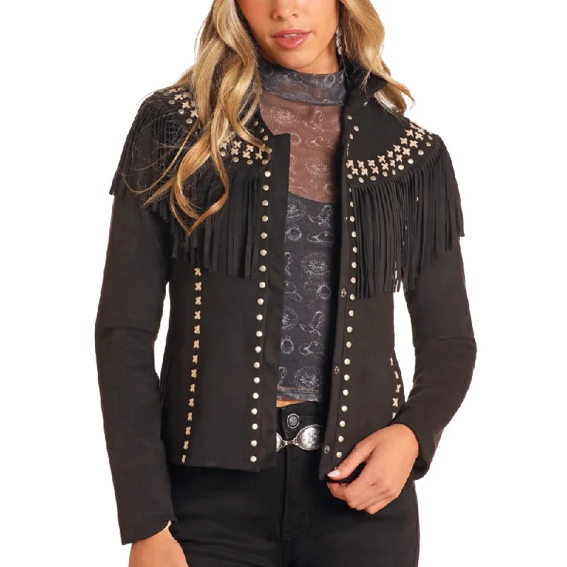 Exquisite Embroidery Powder River Womens Black Suede Fringe Jacket - DW92C04156-01