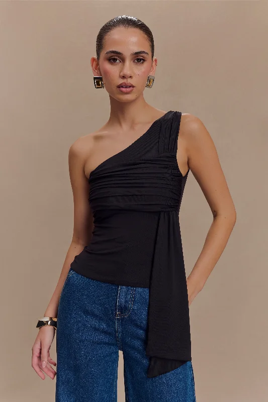 Fashion Style Sera One Shoulder Recycled Nylon Top With Drape - Black