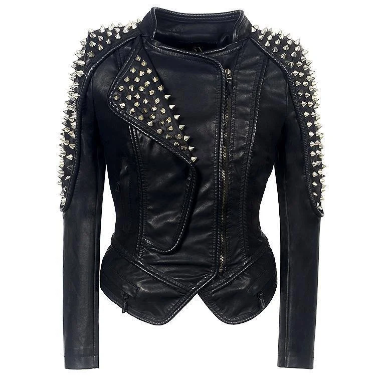 Fresh And Fashionable Black Punk Style Rivet Leather Jacket