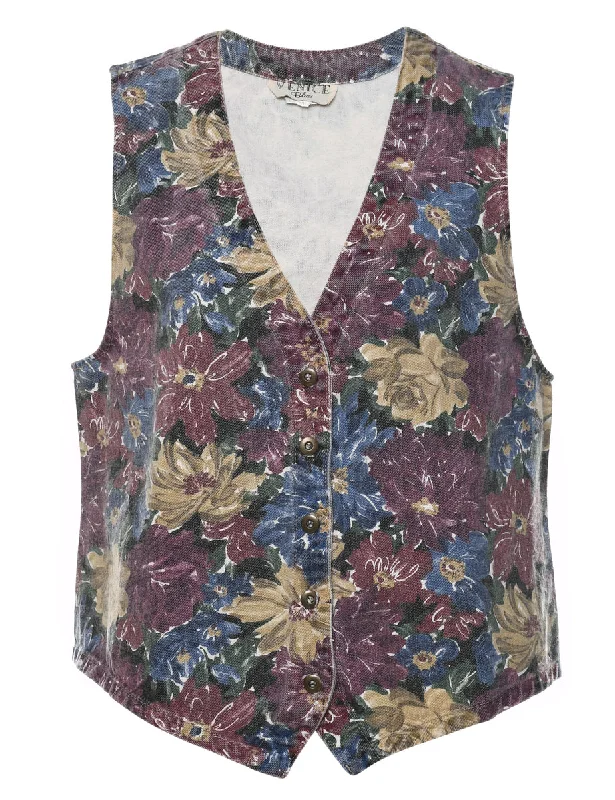 Exquisite Craftsmanship Floral Pattern Multi-Colour Denim Waistcoat  - M