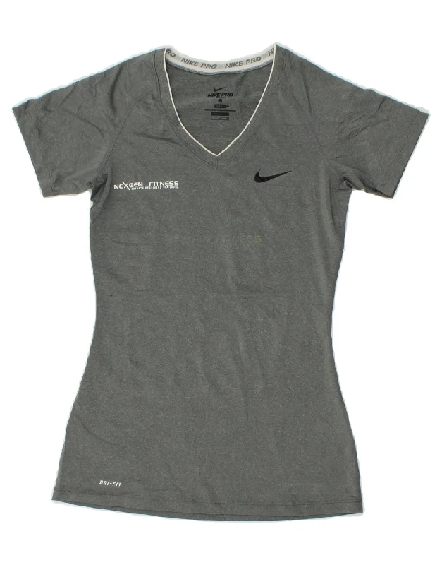 Breathable Design NIKE Womens Dri Fit Graphic T-Shirt Top UK 8 Small Grey Polyester