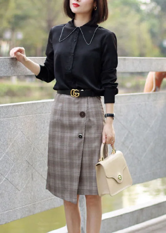 Youthful Vitality French Grey High Waist Asymmetrical Plaid Cotton Skirts Fall