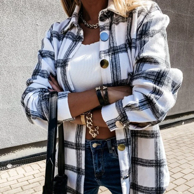 Fashion Selection DressBetty - Women Long Sleeve Plaid Jacket Autumn Winter Oversized Coat Fashion Loose Outwear Vintage Elegant Top Streetwear