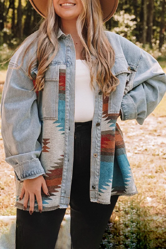 Artistic Temperament Sky Blue Plus Size Denim Aztec Jacket