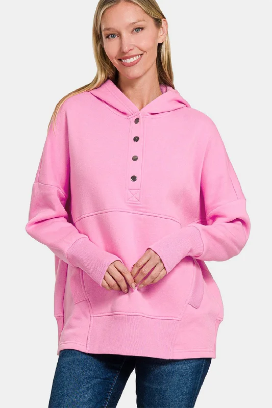 Comfortable And Versatile Zenana Half Snap Long Sleeve Hoodie with Kangaroo Pocket