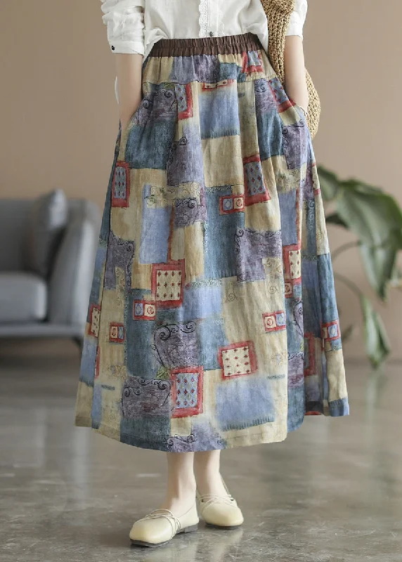 Comfortable Mind Women Blue Pockets Print Linen A Line Skirts Spring