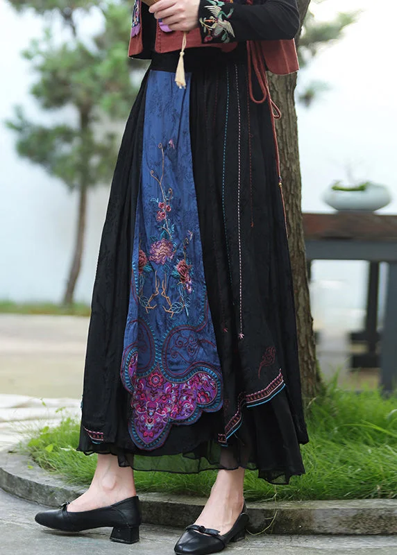 Exquisite Tailoring Vintage Black Embroideried Floral Tulle Patchwork Elastic Waist Linen maxi Skirts Fall