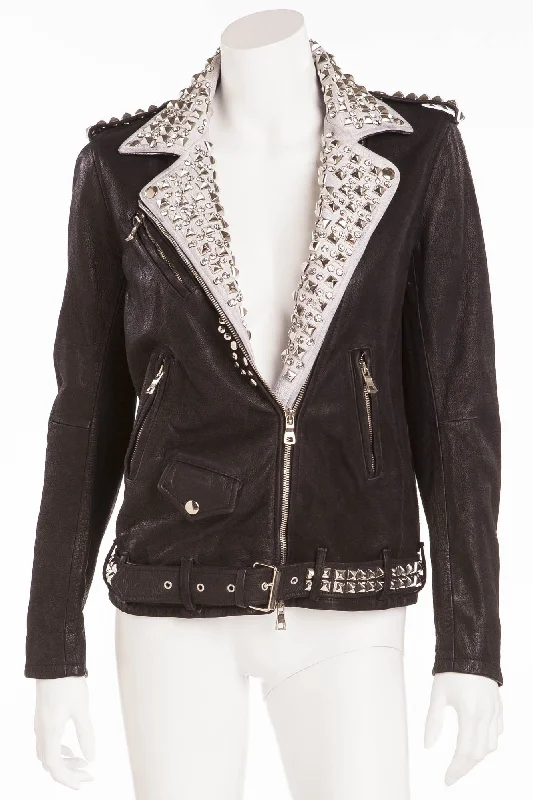 Perfect Tailoring Balmain - Brand New with Tags Black Leather Jacket White Trim w/Silver Studs + Rhinestones - FR 40