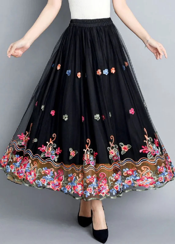 Embroidery Design Vintage Black Embroideried Floral Tulle Maxi Skirts Summer