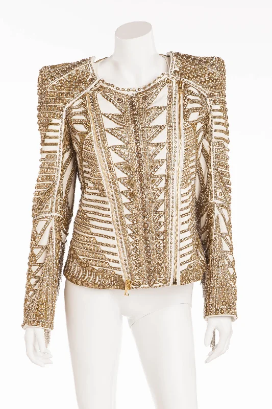 Retro Fashion Balmain - Editorial Unique New With Tags White Leather Jacket with Gold Embellishments and Rhinestone Fringe - FR 42