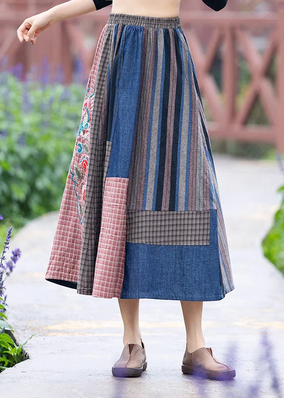 Classic Style Vintage Blue Embroideried Floral Plaid Patchwork Elastic Waist A Line Skirt Summer