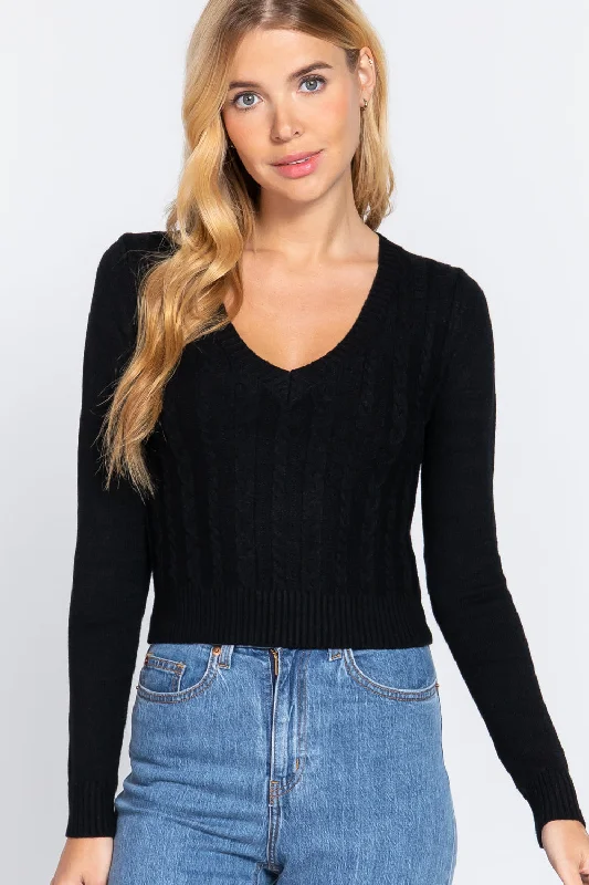 High-end Fashion Long Sleeve V-neck Cable Sweater