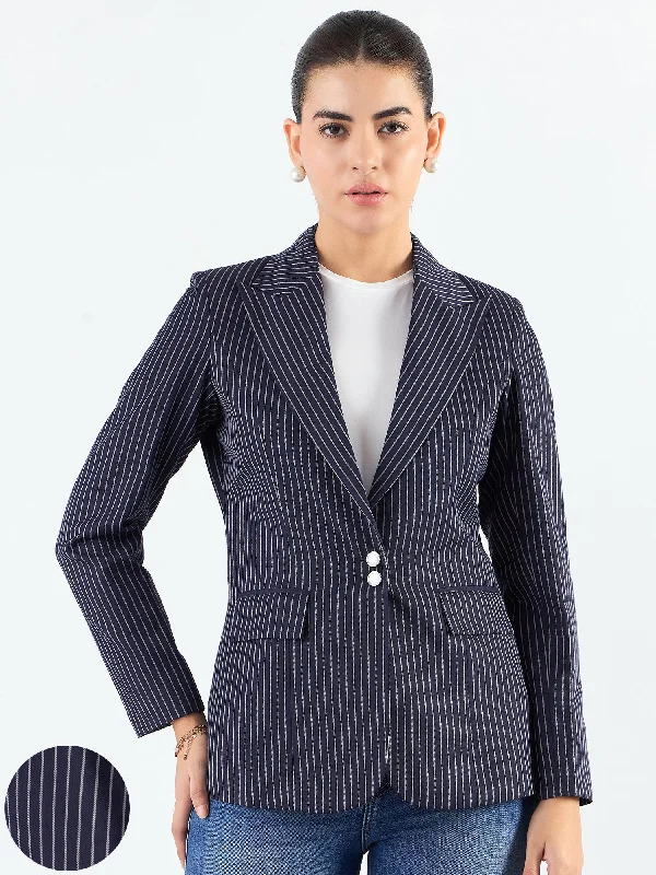 Elegant Design Blue-Striped Structured Blazer With Notched Lapel