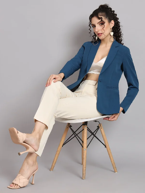 Fashionable Items Notched Collar Polyester Blazer - Teal Blue