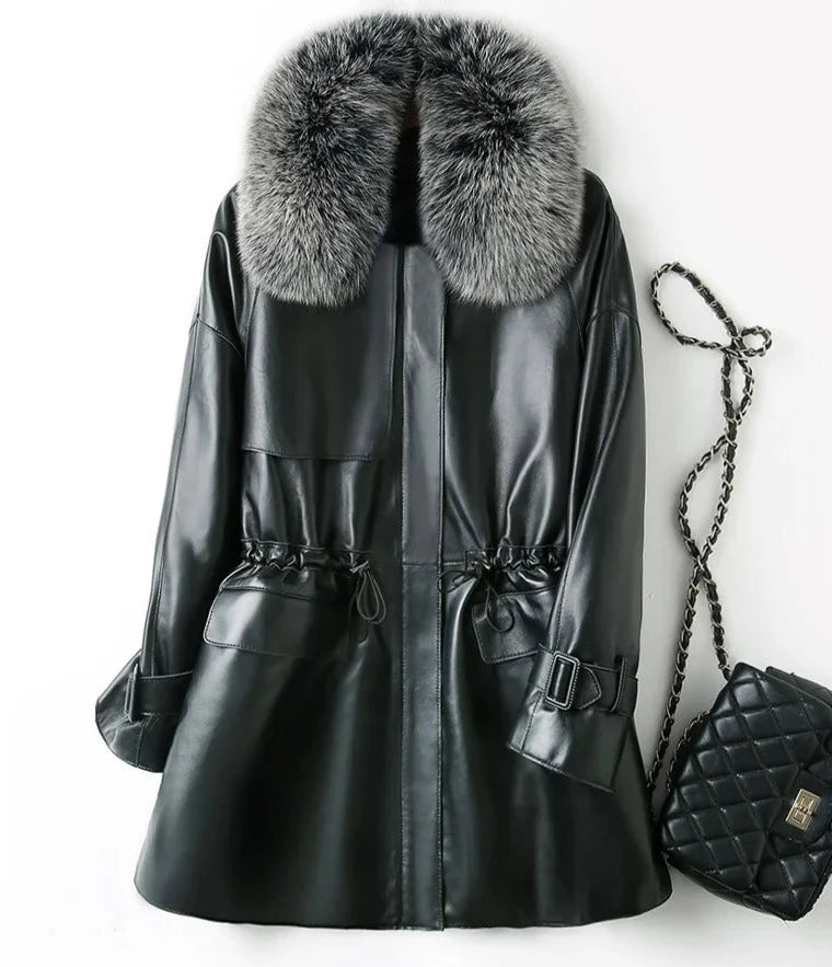 Personalized Wear Genuine Leather Down Jacket Fox Fur Collar