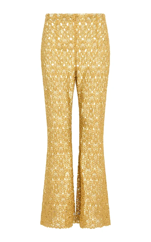 Sports Trend Phoenix Flare Cropped Pant in Gold Silk Macrame Lace