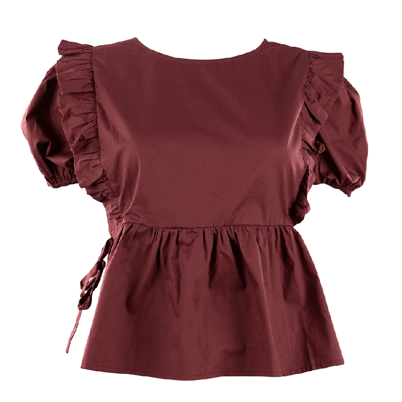 Fashion Innovation Maroon Puff Sleeve Side Tie Blouse